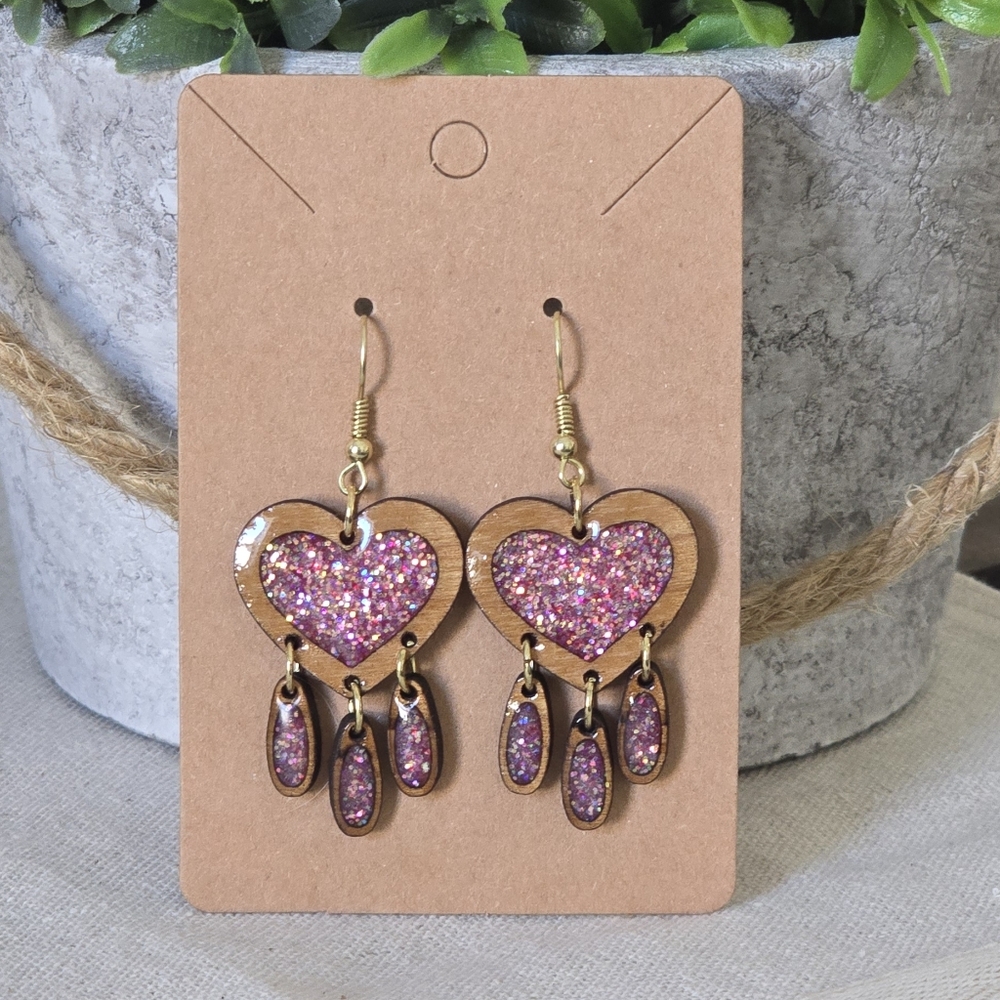 Handmade Resin Glitter Heart With Dangles Valentine Earrings